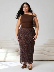 Solflare 2026新款休闲碎花高弹力网纱半身裙，适合外出、日常休闲、派对、通勤、返校、约会、居家、生日派对等多种场合，卡其色底，蓝色碎花图案，大码尺码 - 藍白色 - 查看 5