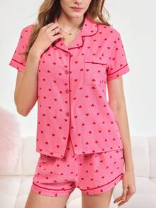 Bonmuse Bộ đồ ngủ mùa hè in hình trái tim nhỏ 2 món cho nữ, áo sơ mi cài nút tay ngắn và quần short, đồ mặc nhà thường ngày cho mùa hè., Bộ đồ hai món - Màu Hồng  San hô - Xem 7