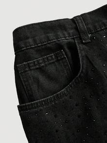 SHEIN CURVE+ Jeans für Damen in Große Größen, vielseitig einsetzbar mit Knopftaschen und Skinny Fit, Jeans in Große Größen mit schwarzen Strass-Steinen, schwarze Strass-Jeans in Große Größen mit Tapered Fit für Damen, Jeans mit funkelnder elastischer Taille, Weihnachtsparty-Jeans für Damen in Große Größen, elegante Strass-Jeans für den Winter, Jeans in Große Größen, elegante Mom-Jeans, Partyjeans, lässige Arbeitsjeans, Hosen für Herbst/Winter, glänzend verzierte Jeans - Schwarz - Übersicht 4