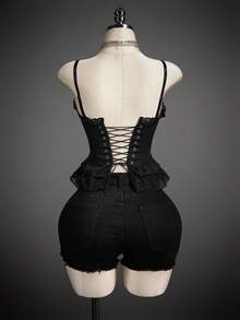 SHEIN ICON Áo camisole nữ màu trơn phối ren ôm sát gợi cảm - màu đen - Xem 2