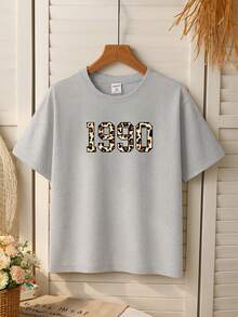 SHEIN Tween-Mädchen Kurzarm-T-Shirt mit Rundhalsausschnitt, Leopardenmuster (1990er Jahre), lässiges Alltags-Outfit, vielseitig, minimalistischer Stil, geeignet für Frühling und Sommer - Grau - Übersicht 1