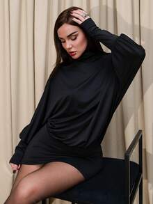 Bris Aura 女式时尚高领蝙蝠袖露背紧身迷你连衣裙 - 黑色 - 查看 6