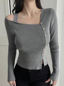 DAZY Women's Oblique Shoulder Strap Tight Wrap Sweater - Grey - View 6
