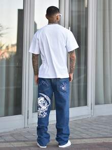 Devon Thys 1pc Y2K Hip Hop Streetwear Style Loose Fit Skull Graphic Men Denim Jeans - Blue - View 3