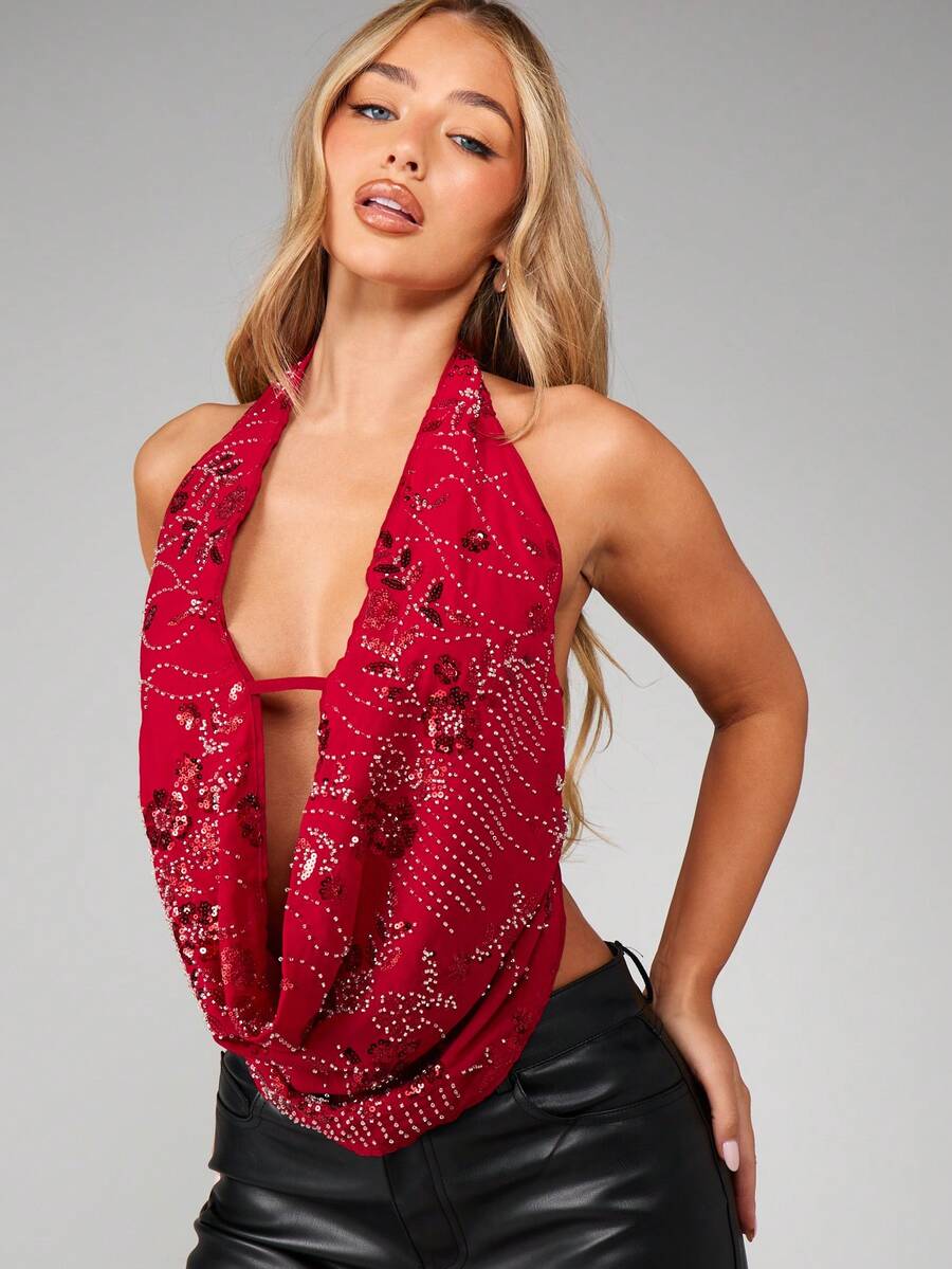 MISSGUIDED 亮片露背吊带深V领露背派对俱乐部节日晚宴上衣 - 酒紅色 - 查看 1