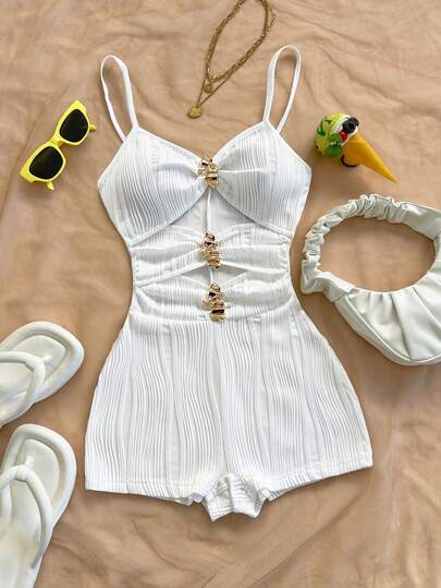 Soleia Summer Women's Sleeveless Metal Decor Jumpsuit, Suitable For Vacation, Party, And Home Wear, Winter Spring Outfit Women Valentine's Day  Beach Outfit For Women Birthday Going Out For Women  Elegant Casual Vacation White Romper For Women White Vacation Outfit White Beach Outfit White One Piece Greece Vacation Outfit Summer Spring Valentine's Day Casual Vacation  Beach Wedding Birthday Going Out Elegant Casual Vacation Beach Romper Beach Club Outfit Beach Sets For Women Summer Swimsuit Summer Spring Valentine's Day Casual Vacation  Beach Wedding Birthday Going Out Elegant Casual Vacation