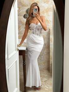 Vowa Elegant, Romantic, Fashionable, Sexy, Young, White Color, Lace Fabric, Mesh Patchwork, Fishbone, Fishtail, Fashion, Single Party, Wedding, Graduation Season, Vacation, Afternoon Tea Outfit, Bridal Gift Dress