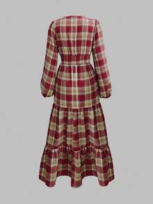LanaWest 女士卡其棕色格子可追溯面料圆领小褶皱收腰罩衫连衣裙，下摆设计 - 紅色 - 查看 2