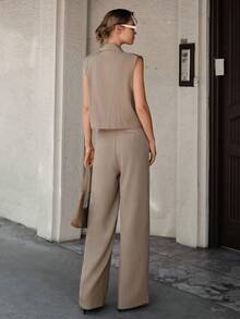 CLARA VERO Striped Wide Shoulder Vest & Pants Suit Set - Mocha Brown - View 2
