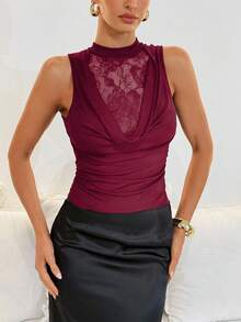 SHEIN Clasi Áo không tay cổ tròn phối ren xếp nếp cỡ lớn - Màu đỏ tím - Xem 4