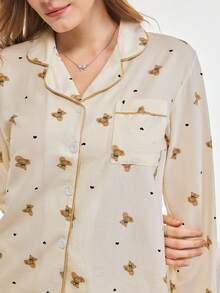 Bonmuse 2 件女士秋冬泰迪熊心形印花睡衣套装，长袖纽扣领上衣和裤子，休闲睡衣家居服，秋季服装