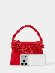 SHECARRY 优雅水钻花朵装饰缎面手提包，适合日常约会、派对等场合 - 紅色 - 查看 4