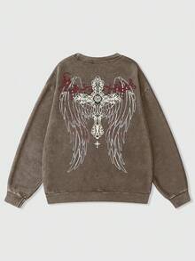 PAVTROS Men's Casual Wing & Cross Print Crew Neck Sweatshirt, Autumn - Coffee Brown - View 4