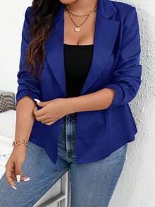 SHEIN Essnce 大码女装秋季新款法式时尚休闲通勤优雅职场工作返校服教师服商务职业装骄傲装黑色上衣商务休闲加大码背带裤外出上衣黑色西装外套 - 寶藍色 - 查看 4