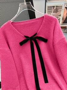 Franclia 优雅法式复古休闲日常百搭可爱浪漫蝴蝶结亮片网纱长袖假日风红色长袖女式毛衣 - 玫紅色 - 查看 5