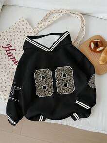 Attitoon Graphic Print Hooded Casual Retro Loose Versatile Letter Number 88 Leopard Star Racing Car Pattern Sweatshirt, Suitable For Autumn/Winter, Street Style, Airport Style, Chic, Y2K - Multicolor - View 5