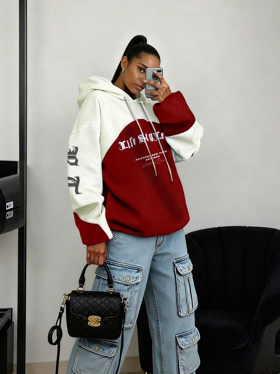 Rovax Gothic Alphabet Pattern Top, Contrast Color Sweatshirt, Streetwear Women, Y2k Tops, Fall Women, Y2k, Sister, Now, Fashion Tops, Aesthetic Sweatshirt, Gift For Sister, Casual Minimalist Fashion Top - Red - View 1
