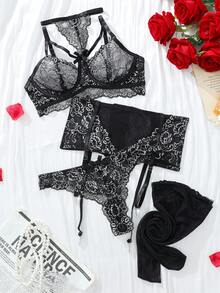 多色蕾丝成熟魅力钢圈性感女士内衣套装 - 胸罩、腰带、吊袜带、丁字裤、外出大腿袜、坏蛋造型 - 黑色 - 查看 6