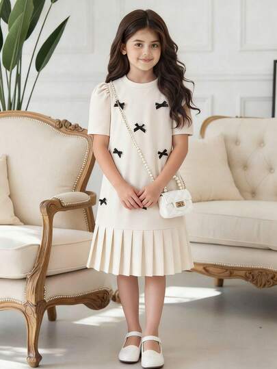 1pc Tween Girls' 3D Bow Decor Short Sleeve Pleated Dress, Loose Fit, Spring/Summer,Holiday,Summer,Travel
