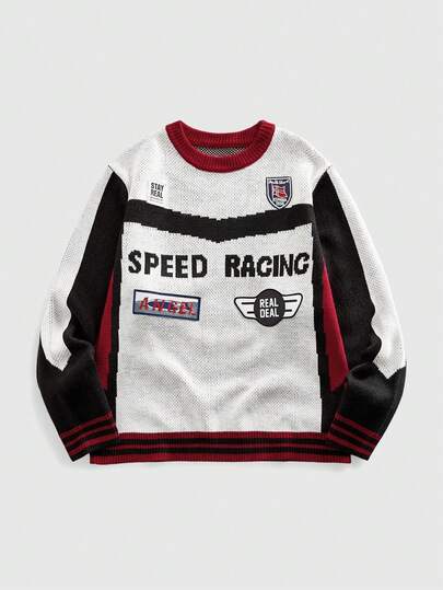 Suéter de cuello redondo para hombres con bordado de carreras