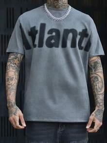 Devon Thys T-shirt da uomo con grafica a lettere, spalle scoperte, stile emo, autunnale - Grigio Scuro - Visualizzare 5