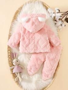 SHEIN Newborn Plush Rabbit Ear Hooded Cute Multi-Piece Suit, Winter Pink Fall - Pink - View 3