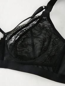 1pc Plus Size Wireless Mesh Embroidered Bra - Black - View 7