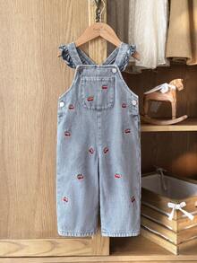 SHEIN Vintaside Kids 1件女婴蓝色牛仔休闲可爱刺绣花卉吊带连体裤，适合外出和派对穿着 - 藍色 - 查看 5