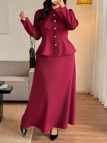 Vionelle Conjunto de blusa de manga comprida e saia maxi feminina plus size para primavera/outono/inverno, com inspiração francesa romântica siciliana, elegante e casual, ideal para o trabalho, férias, chá da tarde, Natal e festas de luxo. Possui gola mandarim, carcela falsa, botões de pérola, laço na cintura, barra evasê e modelagem acinturada. - Borgonha - Ver 4