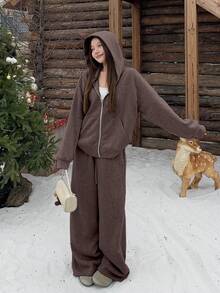 DAZY 2pcs Women's Autumn/Winter Sequin Sweatshirt Set Hoodie Lounge Sets For Women - Coffee Brown - View 4