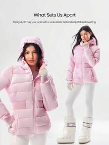 GLOWMODE VelvetShine Soft Lightweight Glossy Warm Water-Repellent Wide Elastic Waistband Adjustable Drawstring Hem Hood Down-Proof Slim-Fit Hooded Full-Zip Puffer Jacket Autumn Winter Outdoor Daily Casual - 淺粉色 - 查看 3