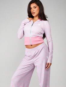 Missguided x Playboy 女士条纹两件套连帽衫和阔腿裤休闲家居服套装，包含拉链外套和配套长裤 - 灰色 - 查看 6