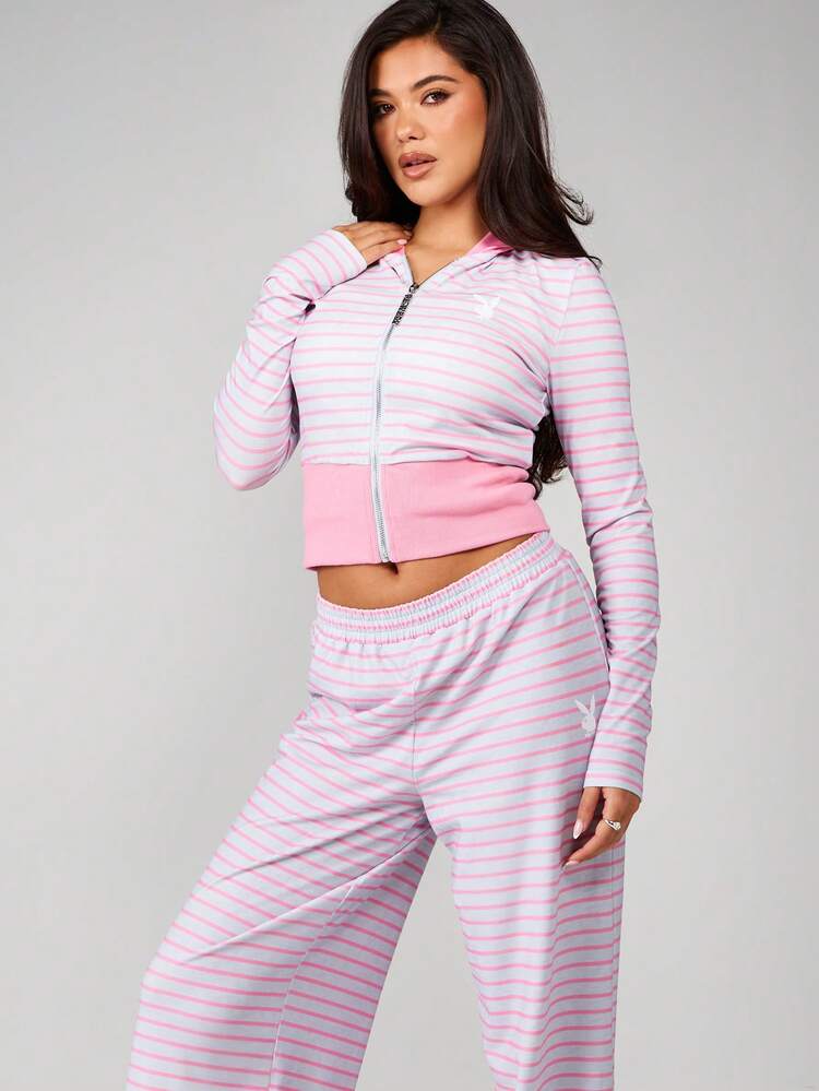 Missguided x Playboy Ensemble deux pièces pour femmes avec sweat-shirt à capuche rayé et pantalon large. Tenue de détente coordonnée avec veste zippée et pantalon assorti
