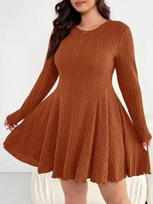 SHEIN Essnce Plus Size Women's Autumn And Winter Fashion Casual Loose Comfortable Daily Warm Sanded Pit Waist Long Sleeve Wine Red Short Dress,Fall Outfits,Curve Dress,Simple Style,New Year Dress Women ,Christmas Dress - Orange - View 3