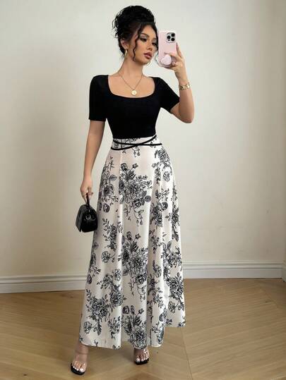 Vestidos Elegantes Con Estampado Floral De Estilo Chino, Cuello Cuadrado,Manga Corta Y Cintura Ajustada Para Mujer