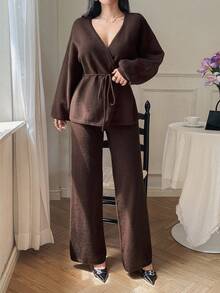 DAZY Women's Solid Color Loose V-Neck Belted Cardigan And Straight Leg Pants Elegant Two Pieces Knit Sweater Set, Autumn/Winter - Coffee Brown - View 6