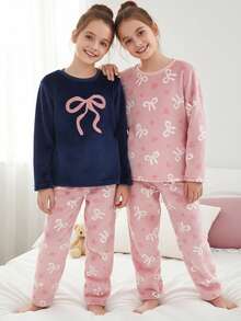 Tween Mädchen Pyjama Set, Flanell Schleife & Herz Muster Nachtwäsche, bestickte Schleife Rundhals Langarm Top kombiniert mit Hose mit durchgehendem Schleifen Muster, weich & gemütlich, wolkengleicher Komfort, perfekt für Weihnachten, Valentinstag, Geburtstag, Geschenke für beste Freundinnen - marineblau - Übersicht 6