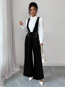 Lyxana 女士春季新款时尚高端休闲衬衫，通勤减龄连体裤配背带裤，两件套 - 黑與白 - 查看 6