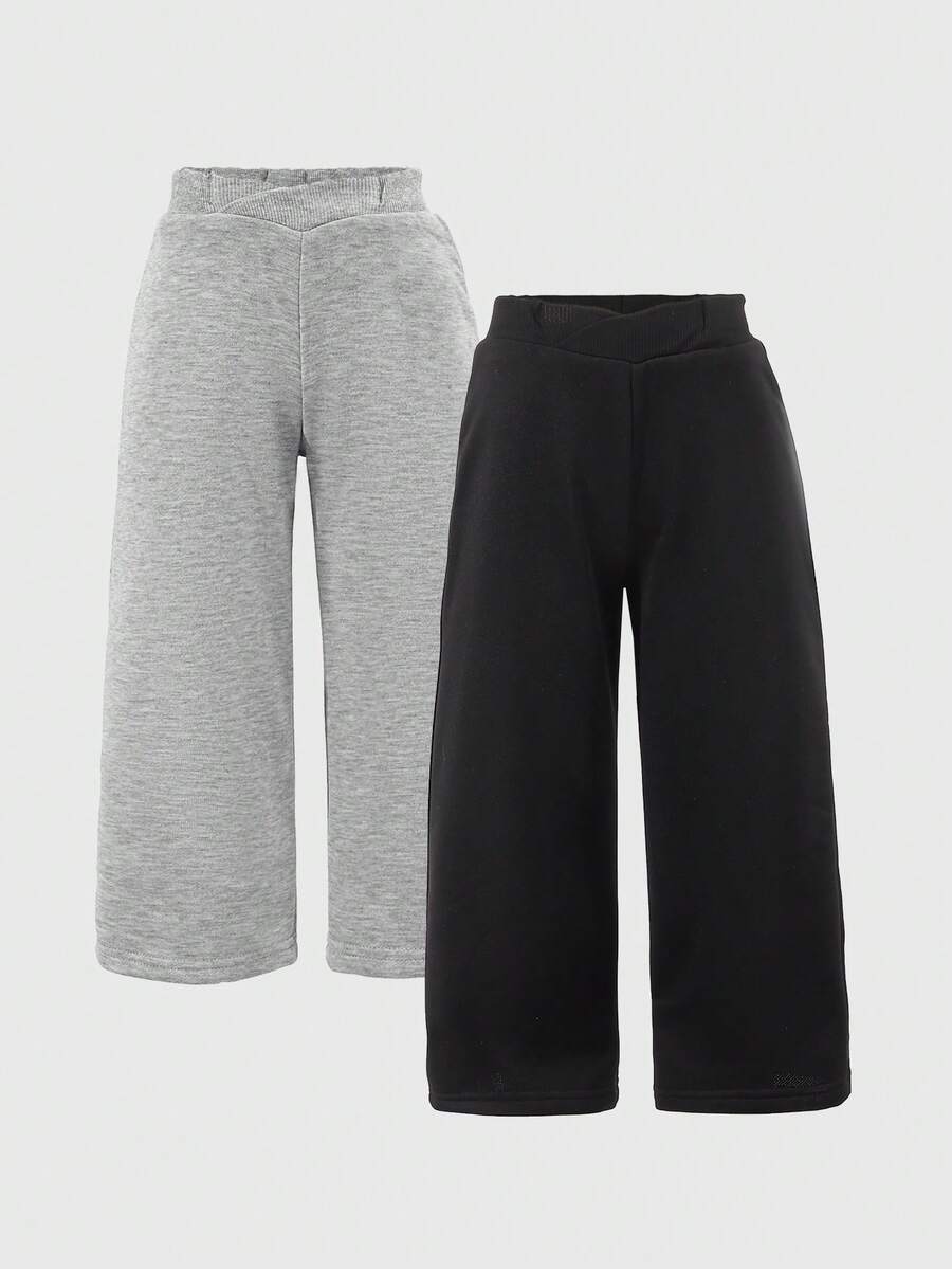 2pcs/Set Girls Casual School Style Black Straight Leg Patchwork Pants