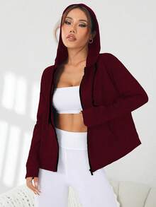 SHEIN Sports 女士纯色长袖网眼拼接拉链连帽运动夹克 - 酒紅色 - 查看 4