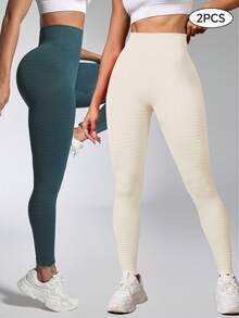 SHEIN Velisys Bộ 2 quần tập yoga cạp cao họa tiết, quần legging chạy bộ và tập luyện - Nhiều màu - Xem 6