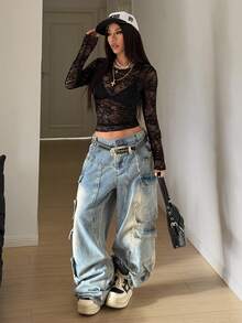 StreetHx Women's Fashionable Sheer Black Crew Neck Long Sleeve Lace Blouse - Black - View 4