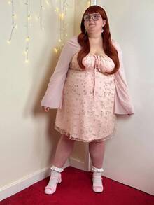 Enliva Vestido de línea A con manga de campana, con bordado floral romántico de malla para mujer de talla grande, color rosa, para vacaciones de primavera - Rosa Pálido - Ver 4