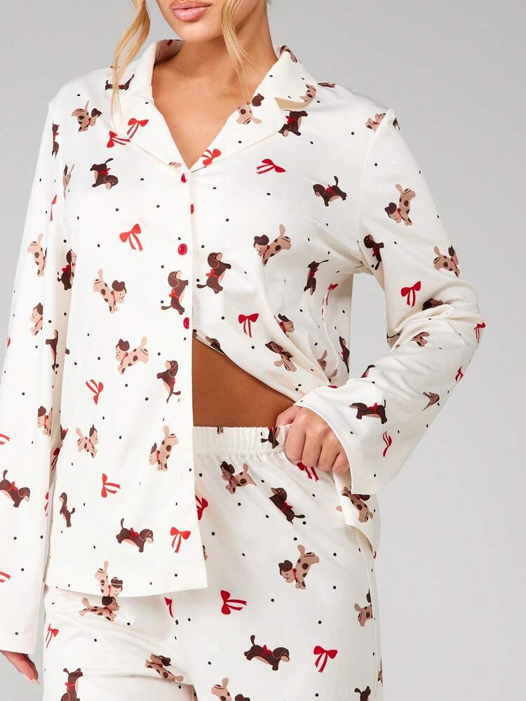 MISSGUIDED Cute Puppy Print Pajama Lounge Set With Long Sleeve Button Front Top And Full Length Elastic Waist Pants Perfect For Cozy Nights