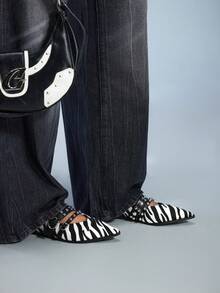 CUCCOO GRLICON Women's Black & White Rivet Button Design Flat Shoes For Christmas Y2K - Black and White - View 4