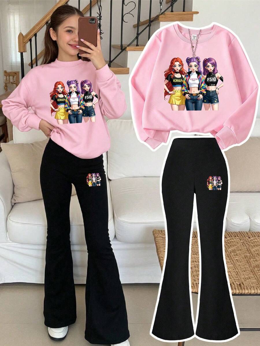 SHEIN 少女两件套 KPOP 偶像爱心印花粉色圆领卫衣搭配黑色喇叭裤,休闲时尚保暖卫衣,适合冬季日常穿着和户外玩耍 - 彩色 - 查看 1