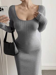 DAZY Women's V-Neck Bodycon Slouchy Elegant Sweater Dress - Grey - View 4
