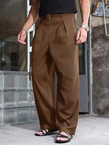 Manfinity Roghcode Manfinity LEGND Men's Black High-Waisted Pleated Wide-Leg Pants, Waist Decor Accent, Fashionable Versatile Brown High Waisted Wide Leg Western Loose - Coffee Brown - View 6