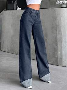 SHEIN Tall HIGH WAIST100%Cotton Rolled Up Wide Leg Jeans - Dusty Blue - View 3