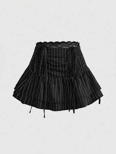 Academia Gonna mini con vita arricciata, stile preppy dolce, con piega e bordo in pizzo (con mutandine)